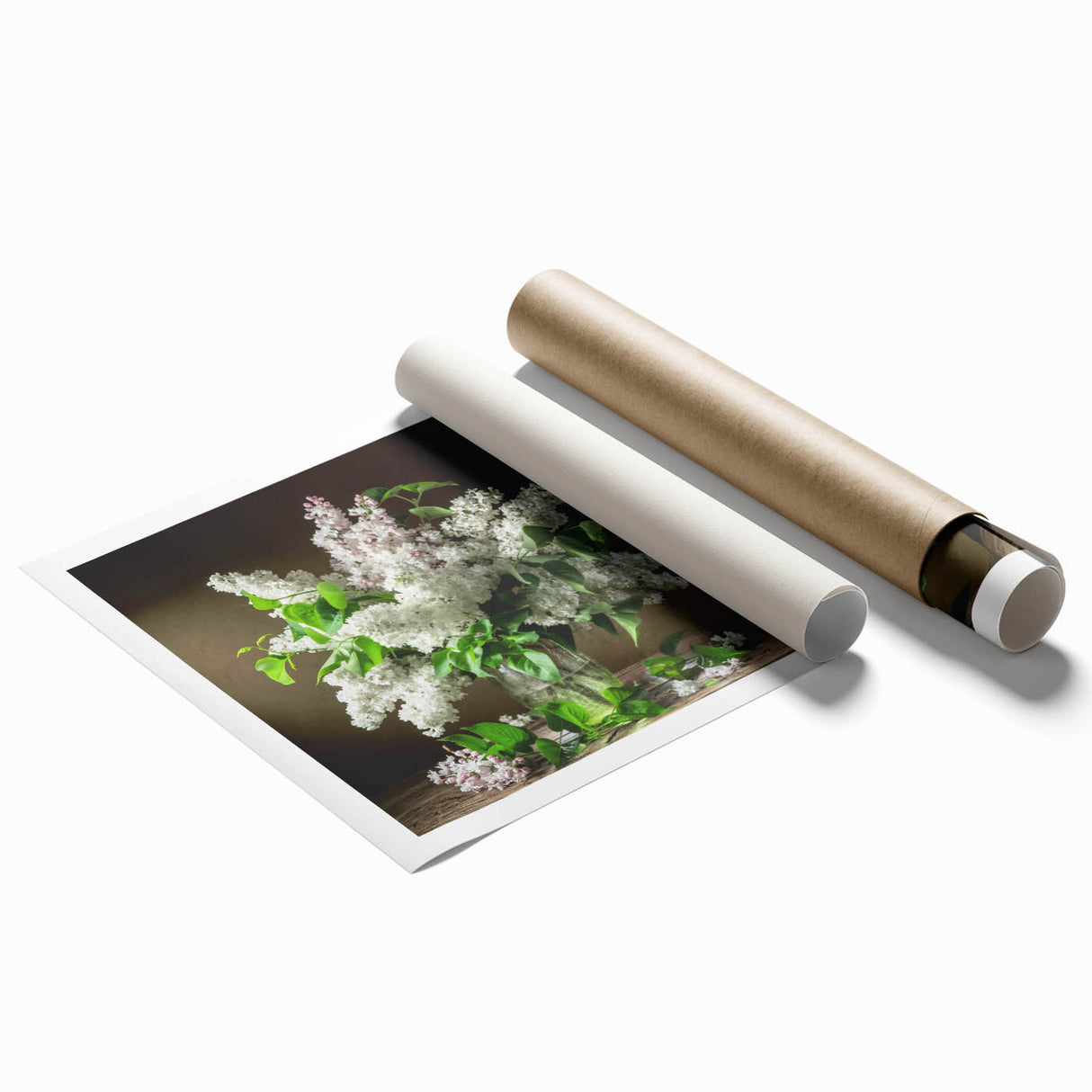Vibrant rolled print showcasing a botanical design of lilacs, featuring intricate floral details and soft purple hues, perfect for home decor or art collection.