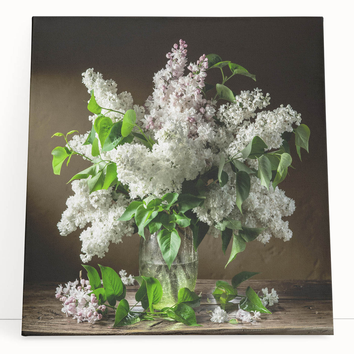 Stretched canvas wall art displaying a vibrant lilac floral design, showcasing intricate botanical details with rich purples and greens, perfect for home decor.