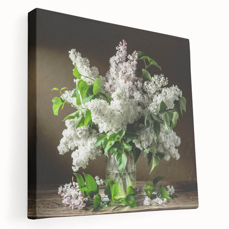 Stretched canvas wall art showcasing a vibrant lilacs botanical design, featuring rich purples and greens, ideal for brightening home decor and enhancing ambiance.
