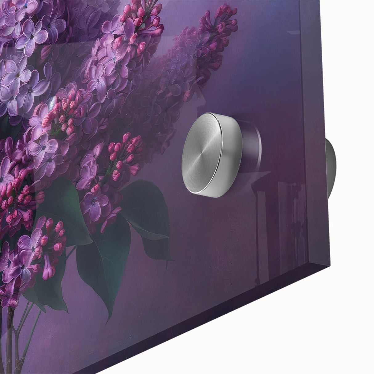 Close-up of a vibrant lilac botanical wall art piece in acrylic glass, showcasing intricate floral details and a soft purple palette, perfect for home decor.