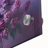 Close-up of a vibrant lilac botanical wall art piece in acrylic glass, showcasing intricate floral details and a soft purple palette, perfect for home decor.