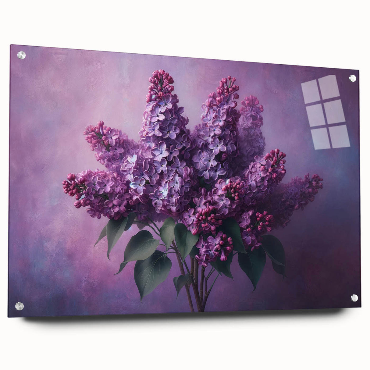 Acrylic glass wall art featuring a botanical design of lilacs, elegantly displayed from a side view, with decorative pins enhancing its aesthetic appeal. Ideal for floral-themed decor.