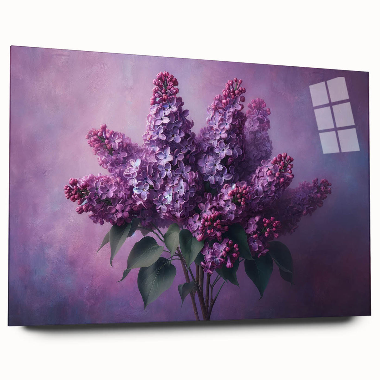Acrylic glass wall art featuring a vibrant lilac botanical design, showcasing delicate floral details and soft color gradients, perfect for home decor enhancement.