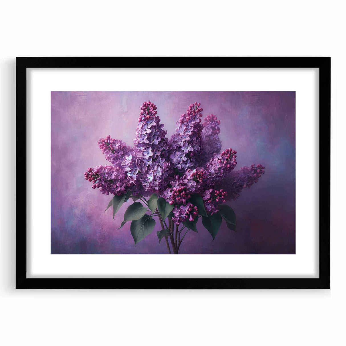 Framed botanical wall art showcasing vibrant lilacs with a black mat and frame, perfect for enhancing home decor with a touch of nature.