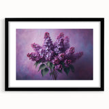Framed botanical wall art showcasing vibrant lilacs with a black mat and frame, perfect for enhancing home decor with a touch of nature.