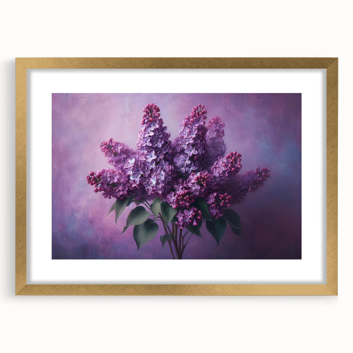 Framed botanical wall art showcasing lilacs in vibrant purple and green hues, set in a stylish gold frame with matting, perfect for home decor enhancement.