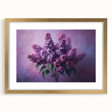 Framed botanical wall art showcasing lilacs in vibrant purple and green hues, set in a stylish gold frame with matting, perfect for home decor enhancement.