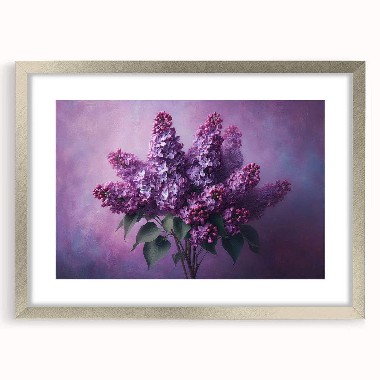 Framed botanical wall art featuring lilacs in soft purple hues, elegantly displayed with a silver frame and mat, perfect for enhancing home decor.