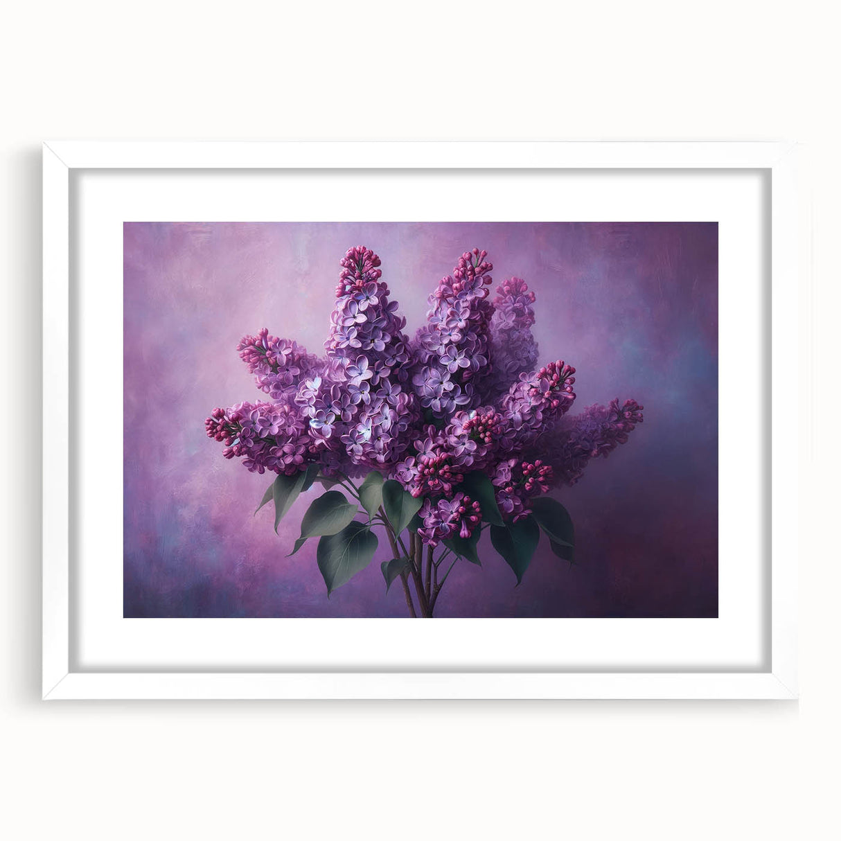 Framed botanical wall art featuring a lilac design, set in a sleek white frame with a mat, showcasing vibrant floral details perfect for home decor.