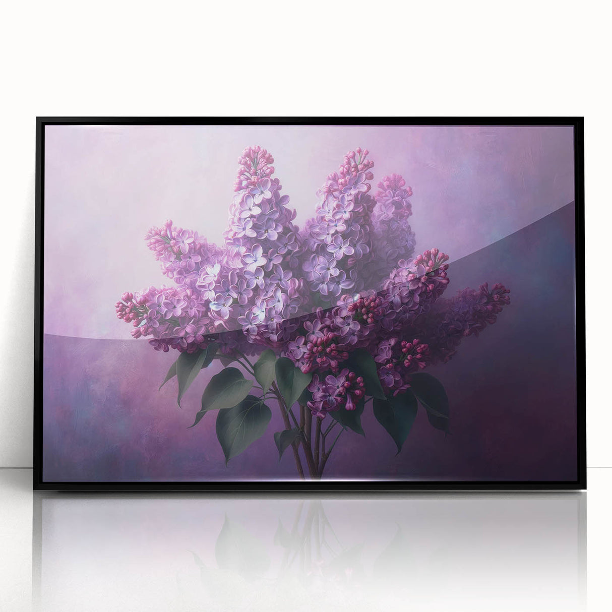 Framed wall art featuring a botanical lilac design, showcasing vibrant purple flowers against a sleek black frame, ideal for home decor and floral enthusiasts.