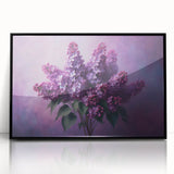 Framed wall art featuring a botanical lilac design, showcasing vibrant purple flowers against a sleek black frame, ideal for home decor and floral enthusiasts.