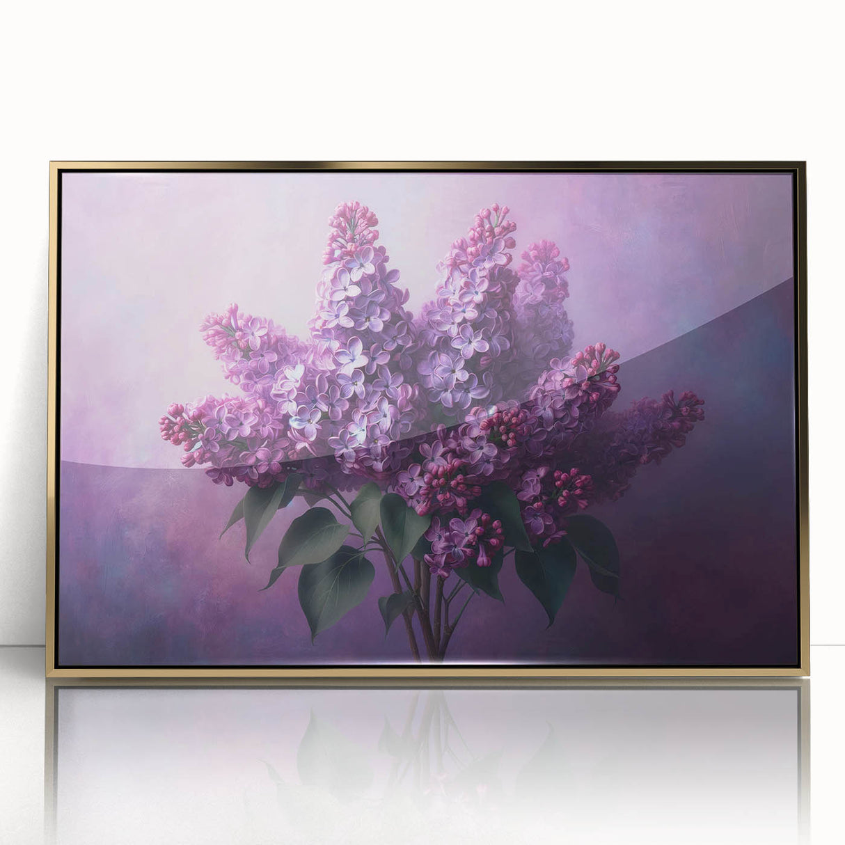 Framed botanical wall art featuring lilacs in a delicate gold-acrylic design, perfect for enhancing home decor with a touch of elegance and nature.