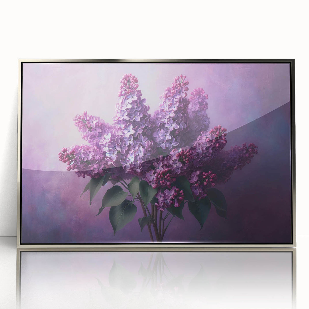 Framed botanical wall art featuring a stunning lilac design with a silver-accented frame, ideal for enhancing home decor with floral elegance.