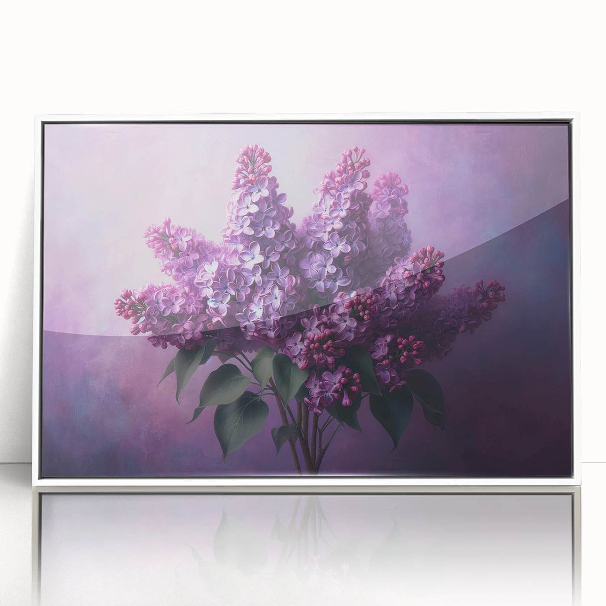 Framed wall art featuring a vibrant lilac botanical design, set against a white background, showcasing intricate floral details and a modern aesthetic, perfect for home decor.