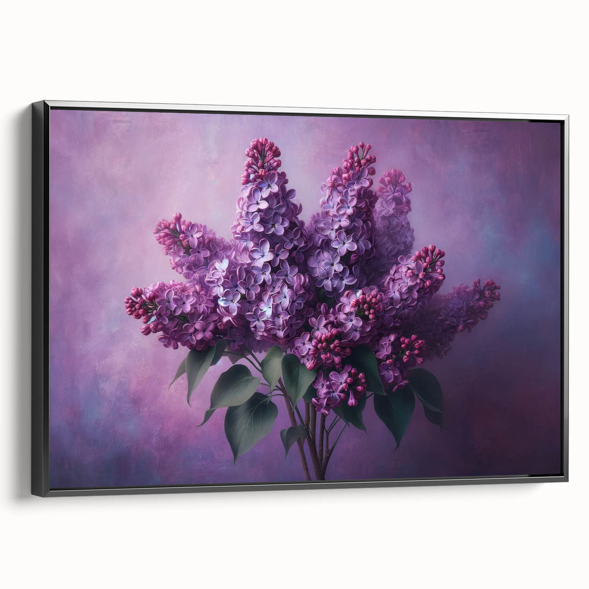Framed canvas wall art featuring a botanical design of lilacs in vibrant purple and green hues, showcased from a black side view to highlight its elegant profile. This piece adds a touch of nature-inspired decor to any room, enhancing the interior aesthetic.