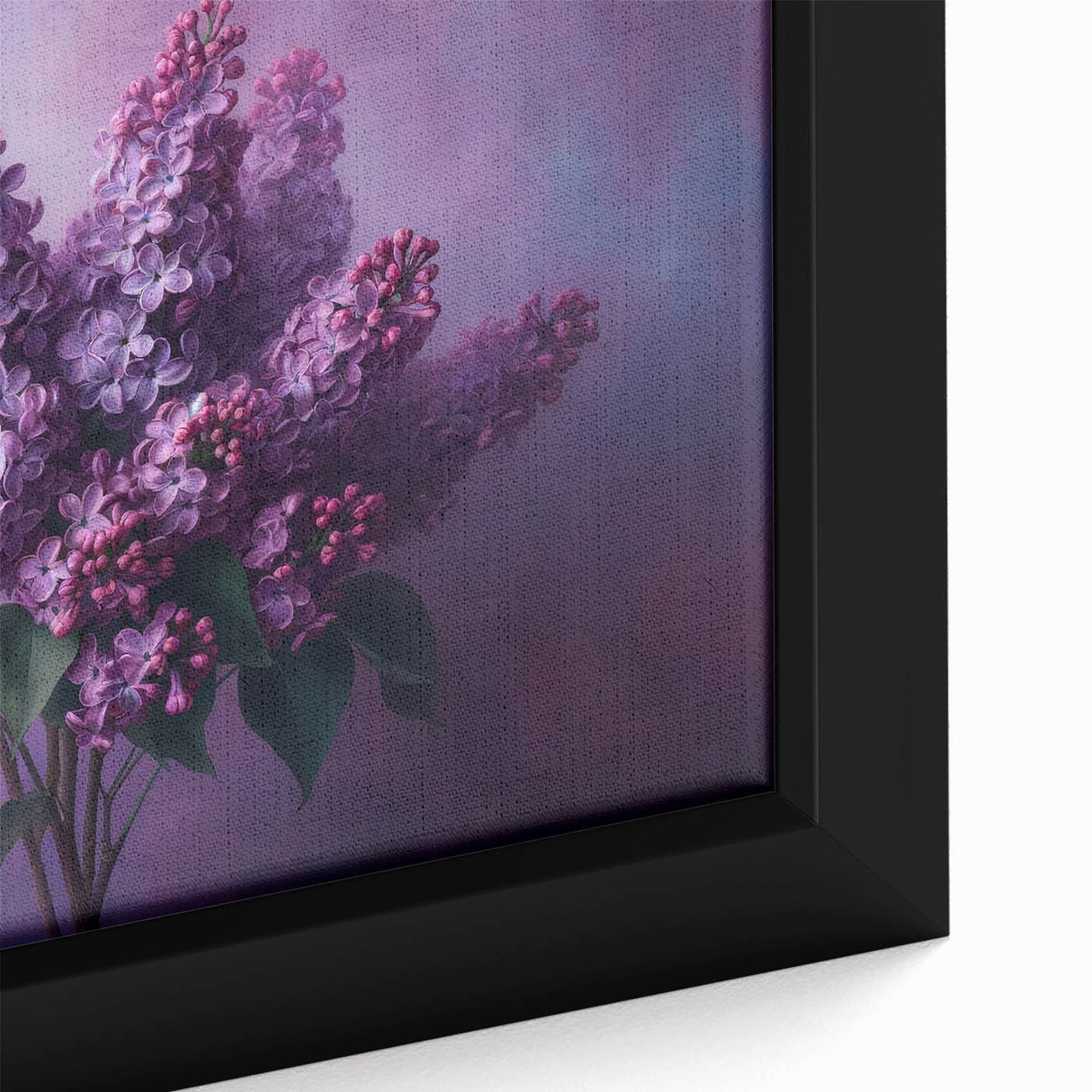 Close-up of a framed botanical wall art featuring vibrant lilacs in shades of purple and green, showcasing intricate floral details and textures, perfect for home decor.