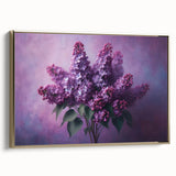 Framed canvas wall art featuring a botanical design of lilacs in soft purple and green hues, elegantly displayed with a gold frame, perfect for home decor.