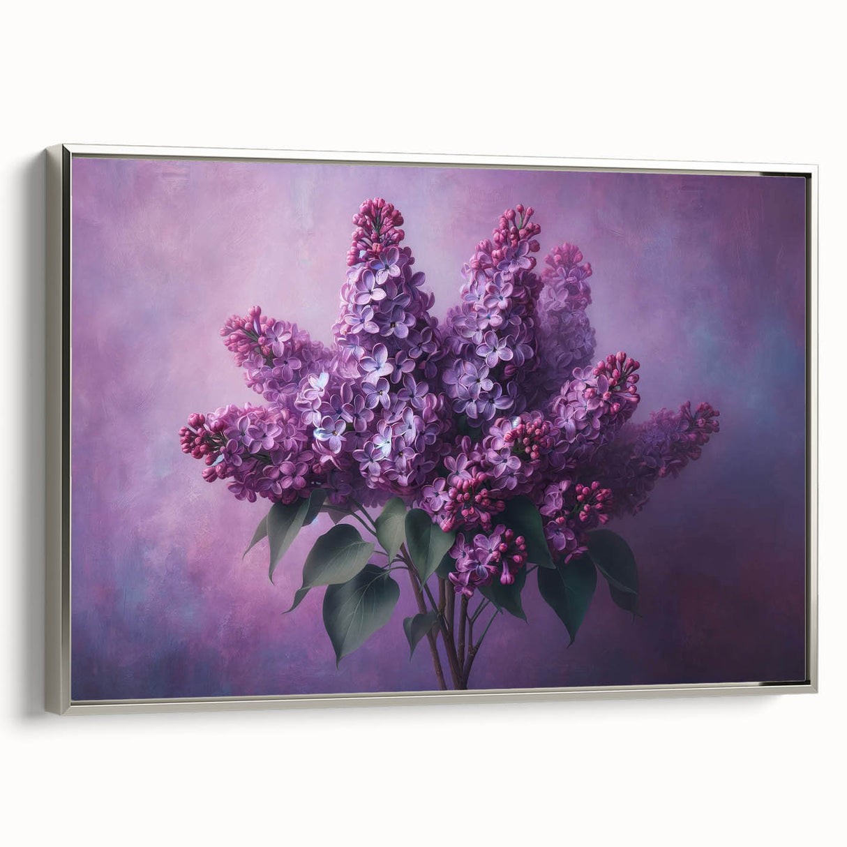 Framed canvas wall art showcasing a vibrant lilac botanical design with a silver frame, displayed at an angle to highlight its elegant details and artistry.