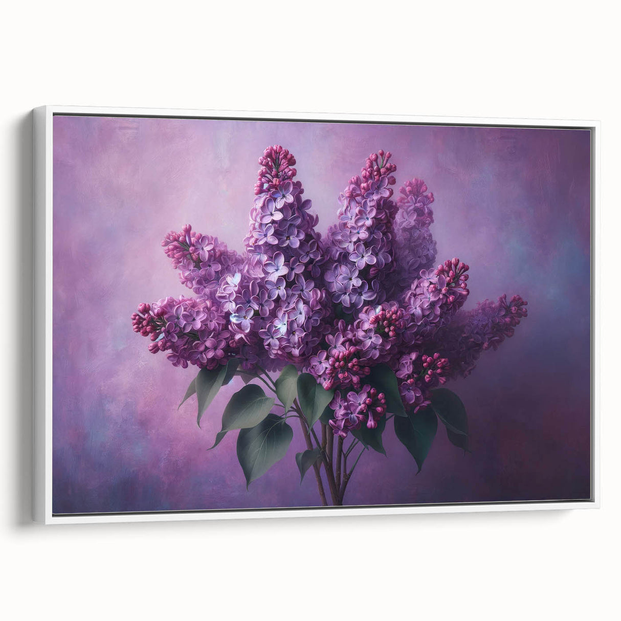 Framed botanical wall art featuring lilacs in soft purple hues, displayed from a side view against a white background, ideal for home decor enhancement.
