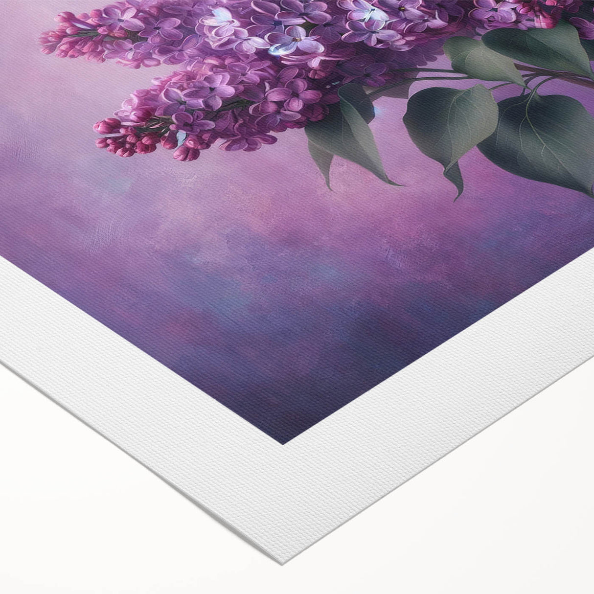 Rolled canvas artwork showcasing a vibrant lilac botanical design, featuring intricate flower details and rich purple hues, ideal for home decor.