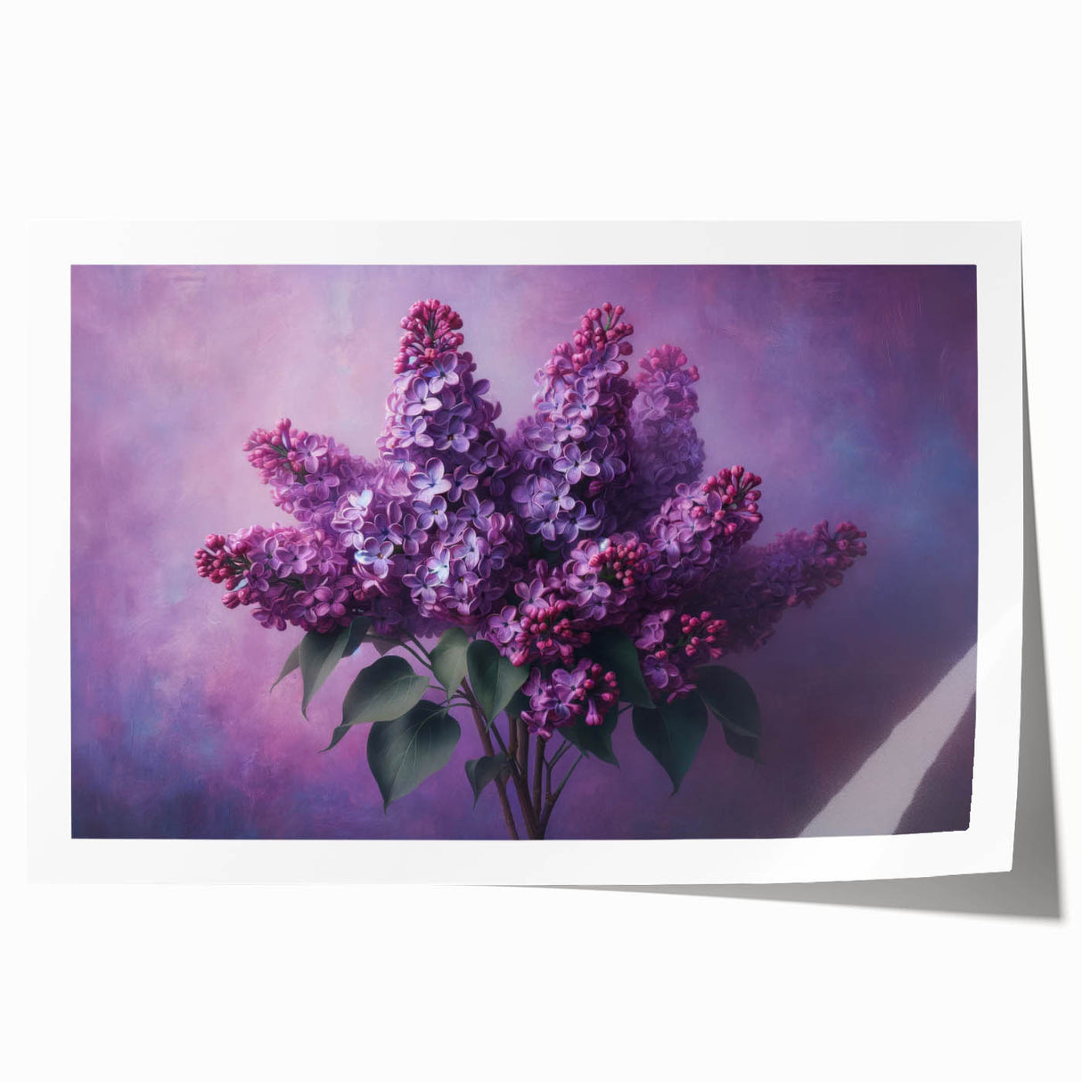 Botanical wall art print showcasing vibrant lilac flowers and rich green leaves, rolled for easy shipping and display in home decor. Perfect for nature lovers.