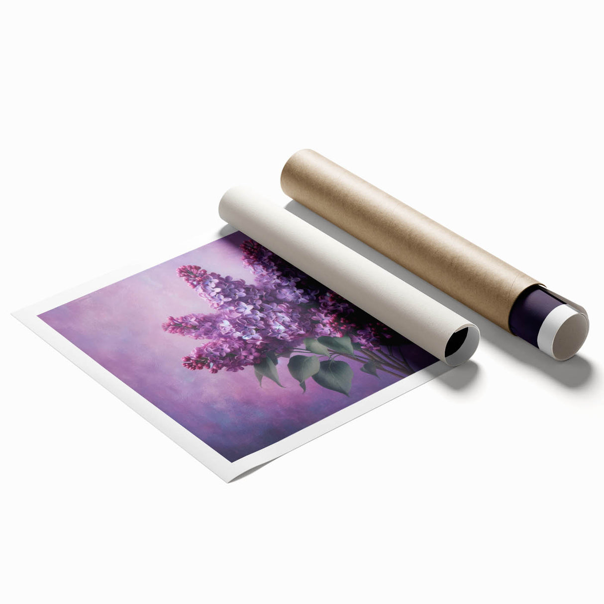 Botanical wall art print showcasing vibrant lilac flowers with detailed illustrations, suitable for home decor or floral-themed interior design, rolled for easy display.