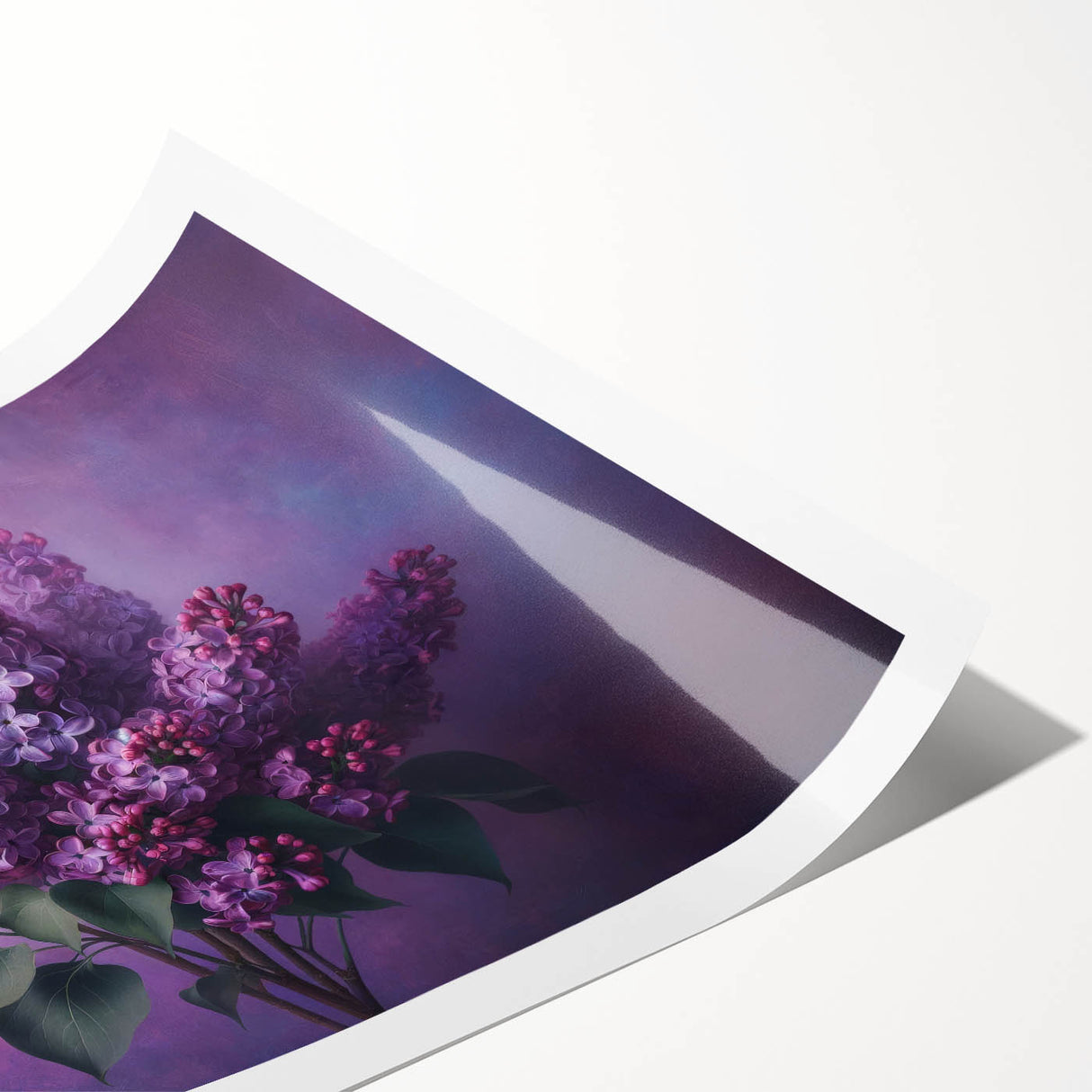 Vibrant rolled print showcasing a botanical design of lilacs, featuring soft purple hues and intricate floral details, perfect for home decor enhancement.