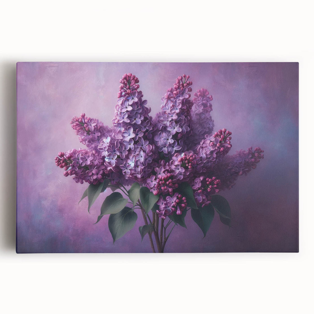 Stretched canvas wall art featuring a vibrant lilac botanical design, showcasing delicate floral details against a soft background, perfect for home decor.