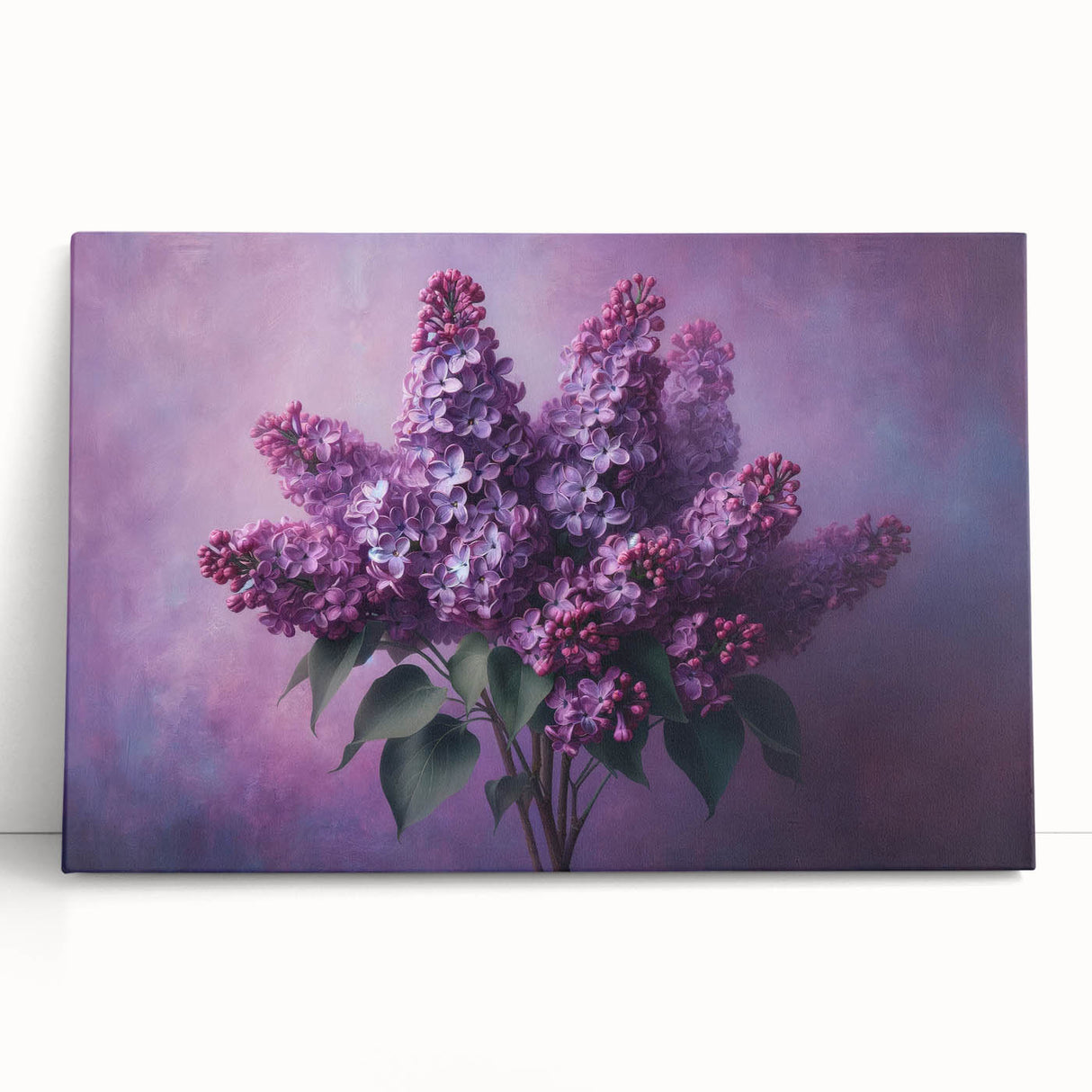 Stretched canvas wall art showcasing vibrant lilacs in a botanical design, elegantly leaning against a wall, perfect for home decor enhancement.
