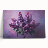 Stretched canvas wall art showcasing vibrant lilacs in a botanical design, elegantly leaning against a wall, perfect for home decor enhancement.