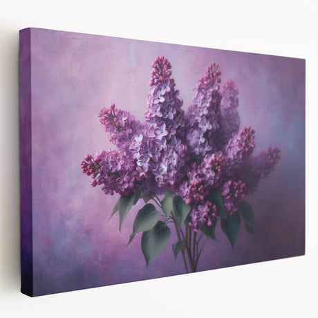 Stretched canvas wall art depicting a vibrant lilac botanical design, showcasing intricate floral details and rich colors, ideal for home decor enhancement.