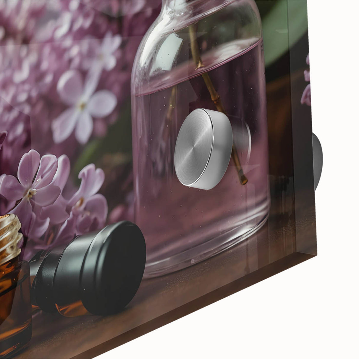 Close-up of a vibrant lilac floral design on acrylic glass wall art, showcasing intricate botanical details and rich colors, perfect for home decor.