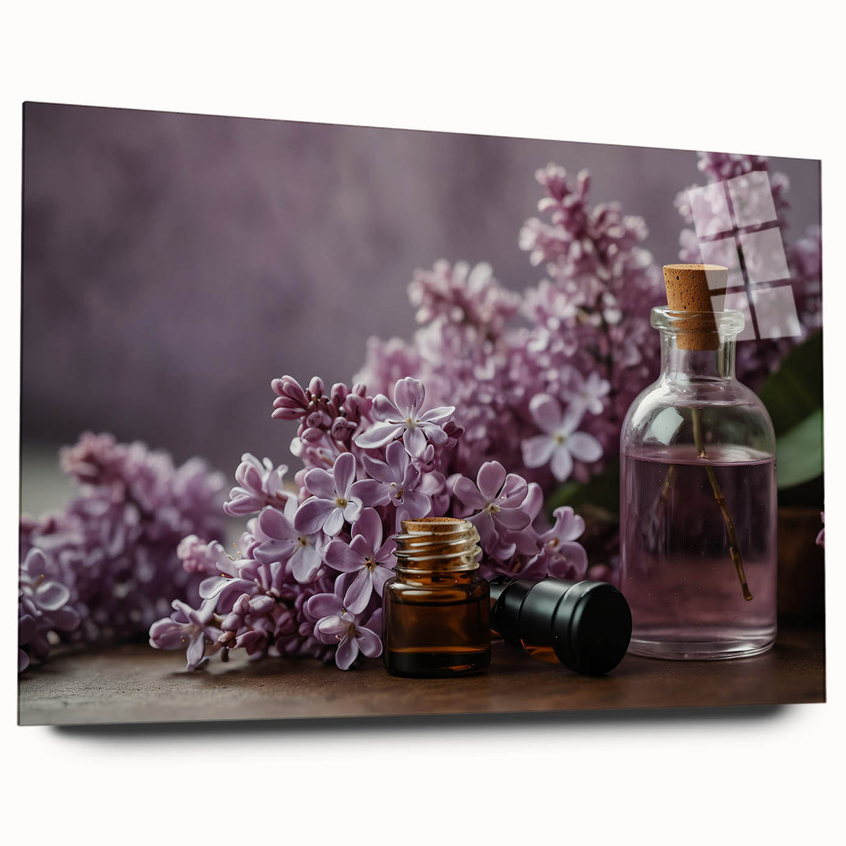 Acrylic wall art showcasing a vibrant lilac floral design, elegantly displayed from the side view, emphasizing its sleek finish and modern aesthetic. Perfect for home décor.