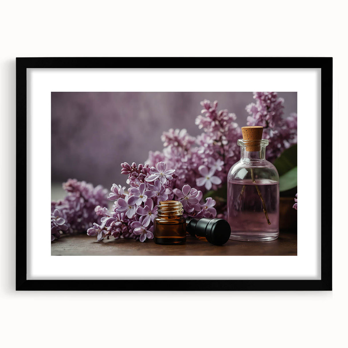 Black-framed wall art showcasing a vibrant lilac botanical design, elegantly matted for a refined look, perfect for home decor and floral enthusiasts. Ideal for brightening living spaces.