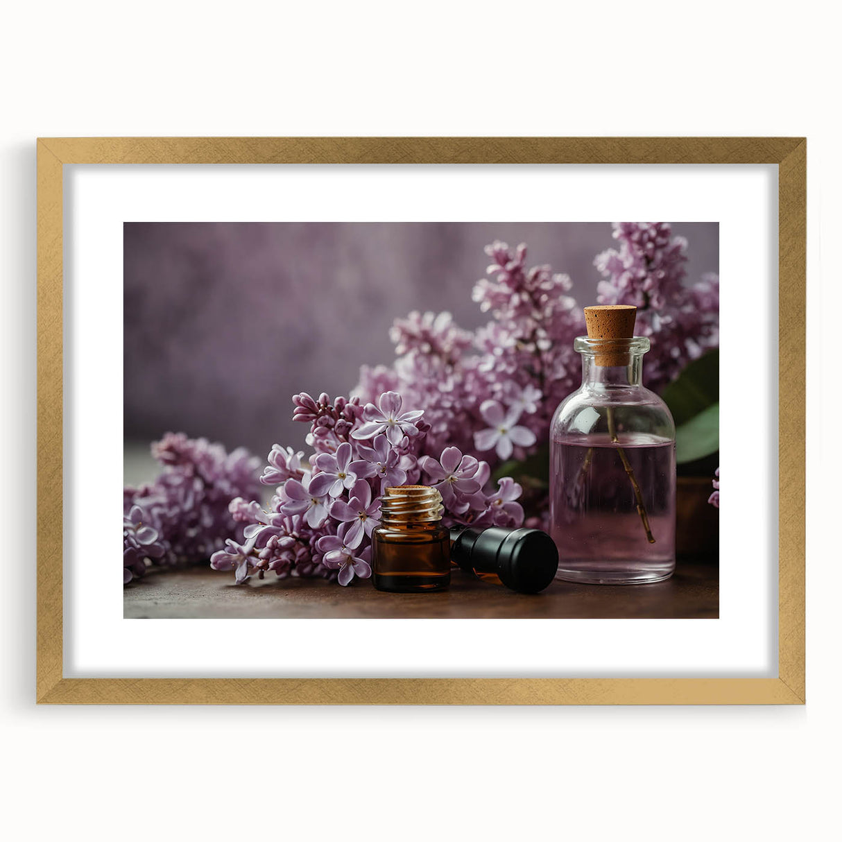 Botanical wall art featuring a stunning lilacs design in a gold frame with mat, ideal for elegant home decor. Perfect for floral enthusiasts and art collectors.