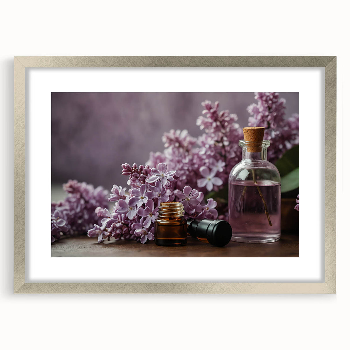 Framed wall art featuring a botanical design of lilacs in soft purple and green hues, elegantly matted and presented in a sleek silver frame, perfect for home decor.