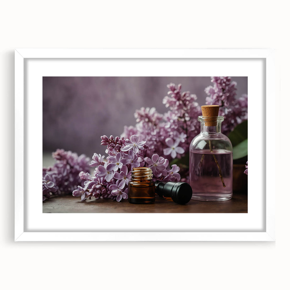 Framed botanical wall art featuring a lilac design on a white mat, showcasing delicate floral details and elegant presentation, perfect for home decor.