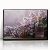Framed wall art showcasing a botanical design of lilacs in vibrant purple and green hues, featuring a sleek black frame, perfect for home decor.