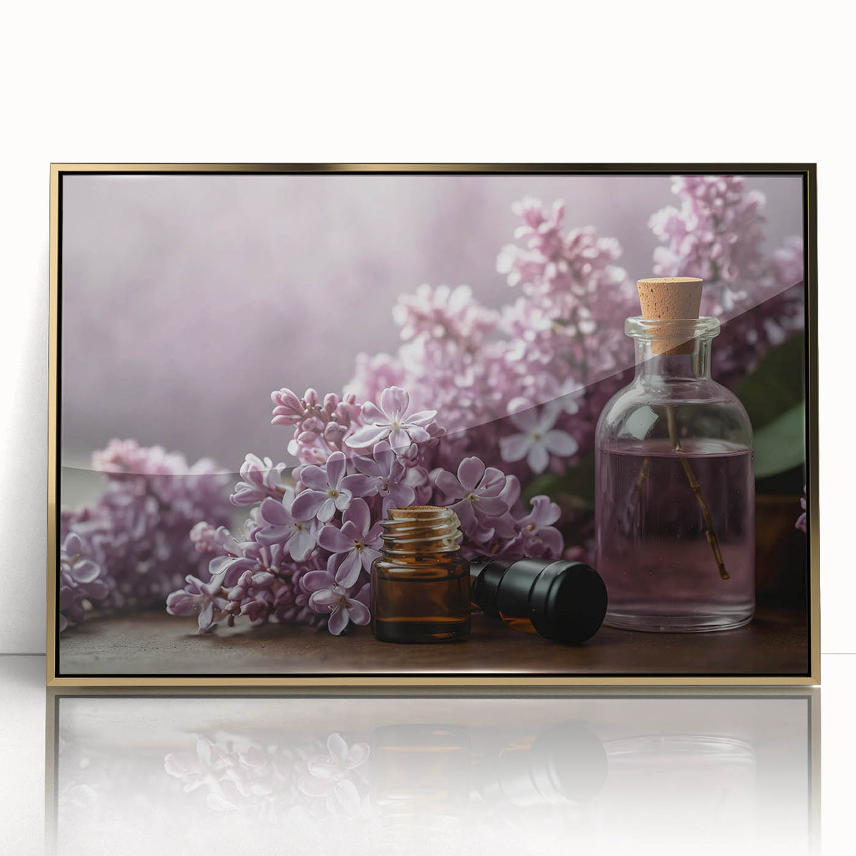 Framed wall art depicting a botanical design of lilacs in shades of purple and green, highlighted with a gold acrylic frame, ideal for home decor.