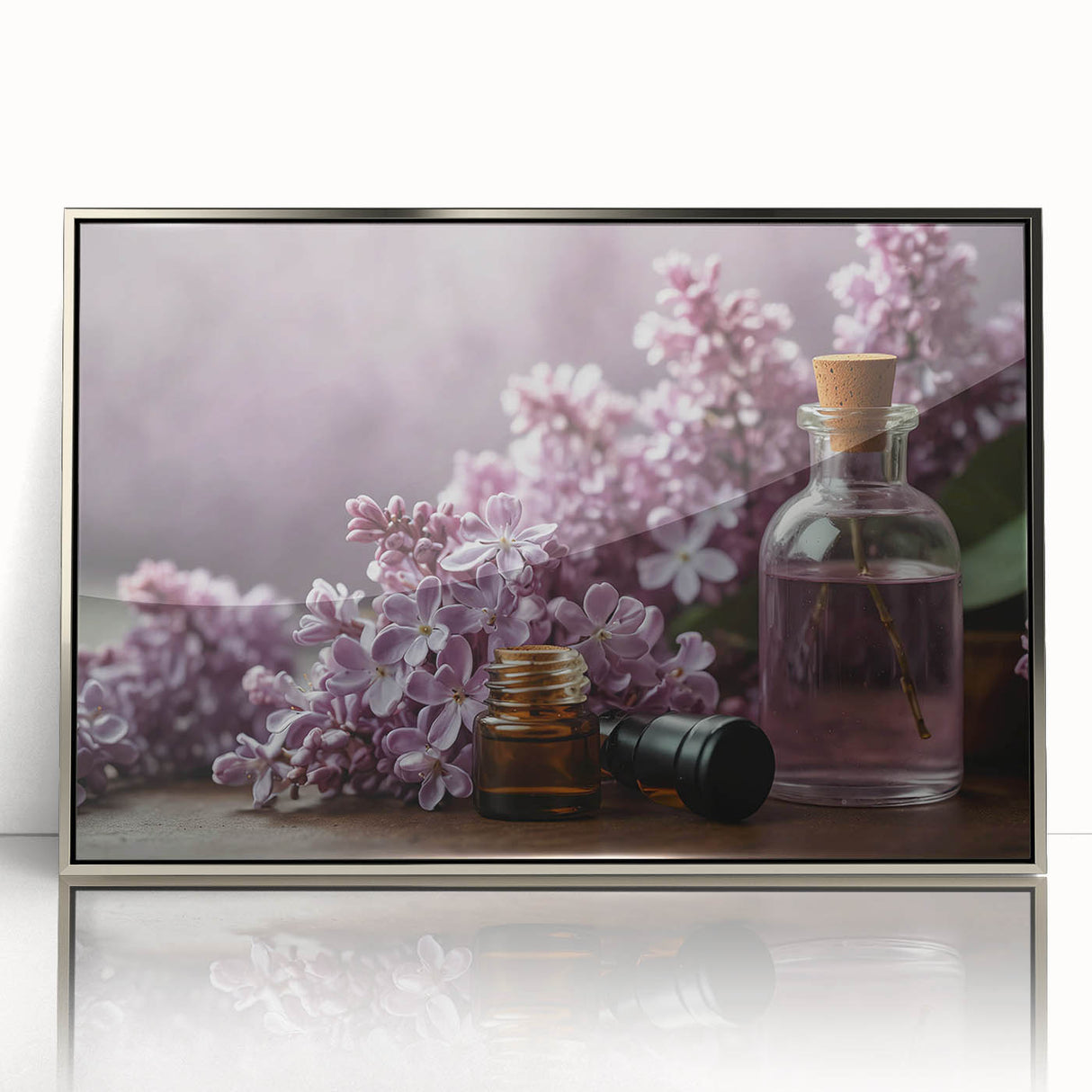 Framed wall art featuring a botanical lilac design, showcasing vibrant purple flowers and intricate green leaves, presented in a sleek silver frame for modern decor.