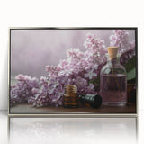 Framed wall art featuring a botanical lilac design, showcasing vibrant purple flowers and intricate green leaves, presented in a sleek silver frame for modern decor.