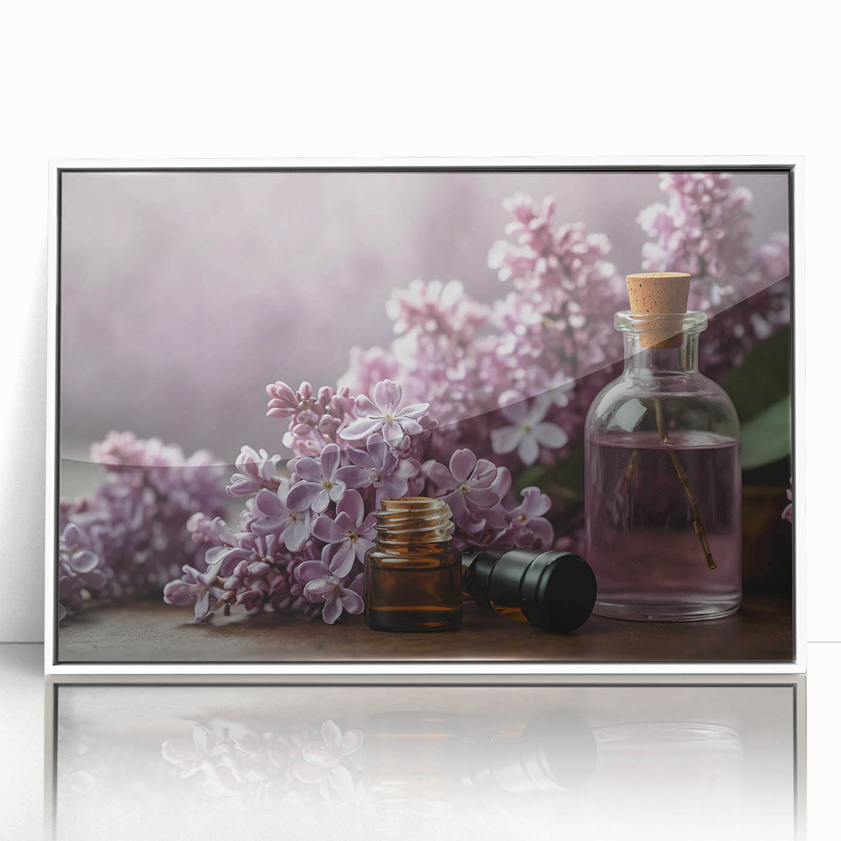 Framed wall art showcasing a botanical design of lilacs, featuring vibrant purple blooms and green foliage, set in a sleek white frame, ideal for home decor.