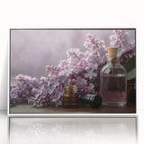 Framed wall art showcasing a botanical design of lilacs, featuring vibrant purple blooms and green foliage, set in a sleek white frame, ideal for home decor.