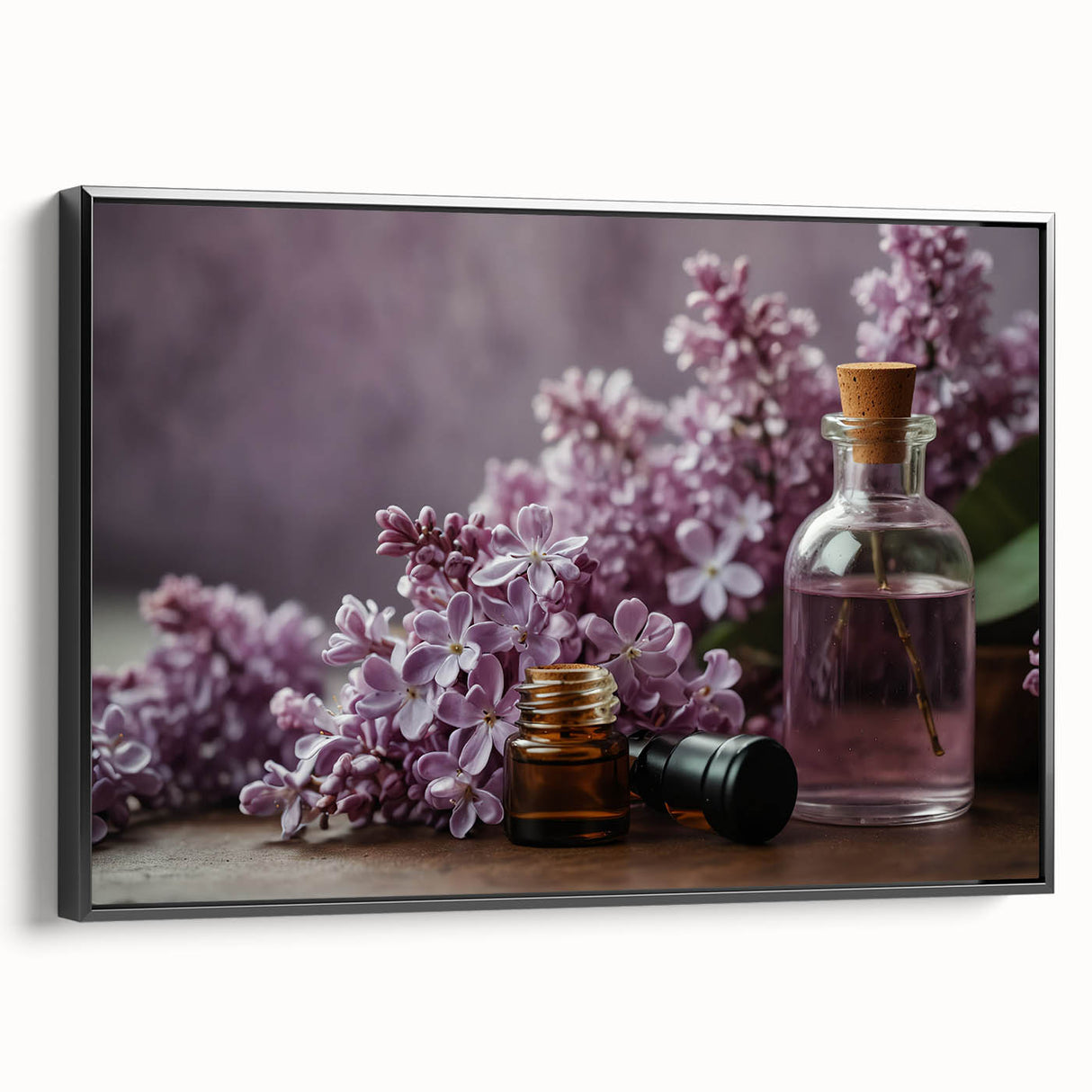 Framed botanical wall art showcasing vibrant lilacs against a black background, emphasizing intricate floral details and stylish design for modern home decor.