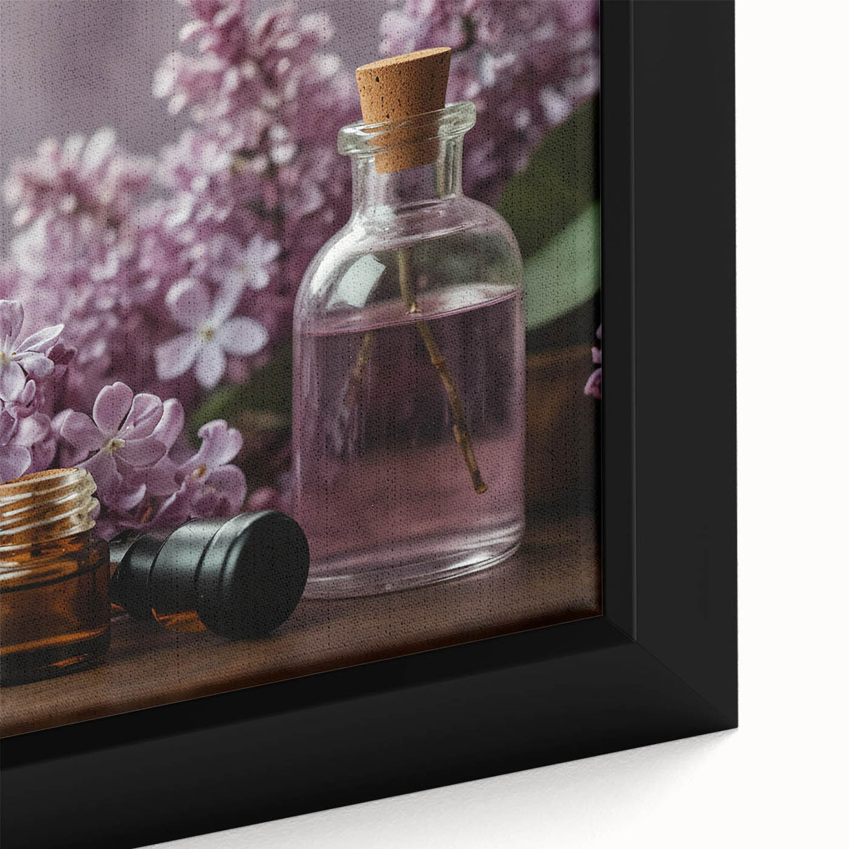 Close-up of a beautifully framed lilac wall art piece, showcasing intricate botanical designs with soft purple hues, ideal for home decor enhancement.