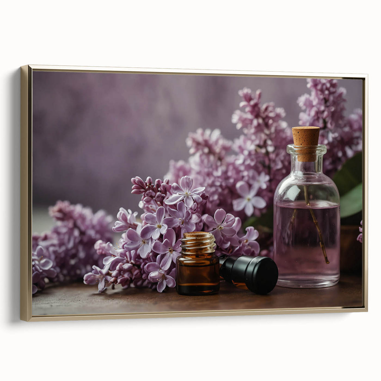 Framed canvas wall art featuring a botanical design of lilacs in a gold frame, showcasing vibrant colors and intricate floral details, perfect for home decor.