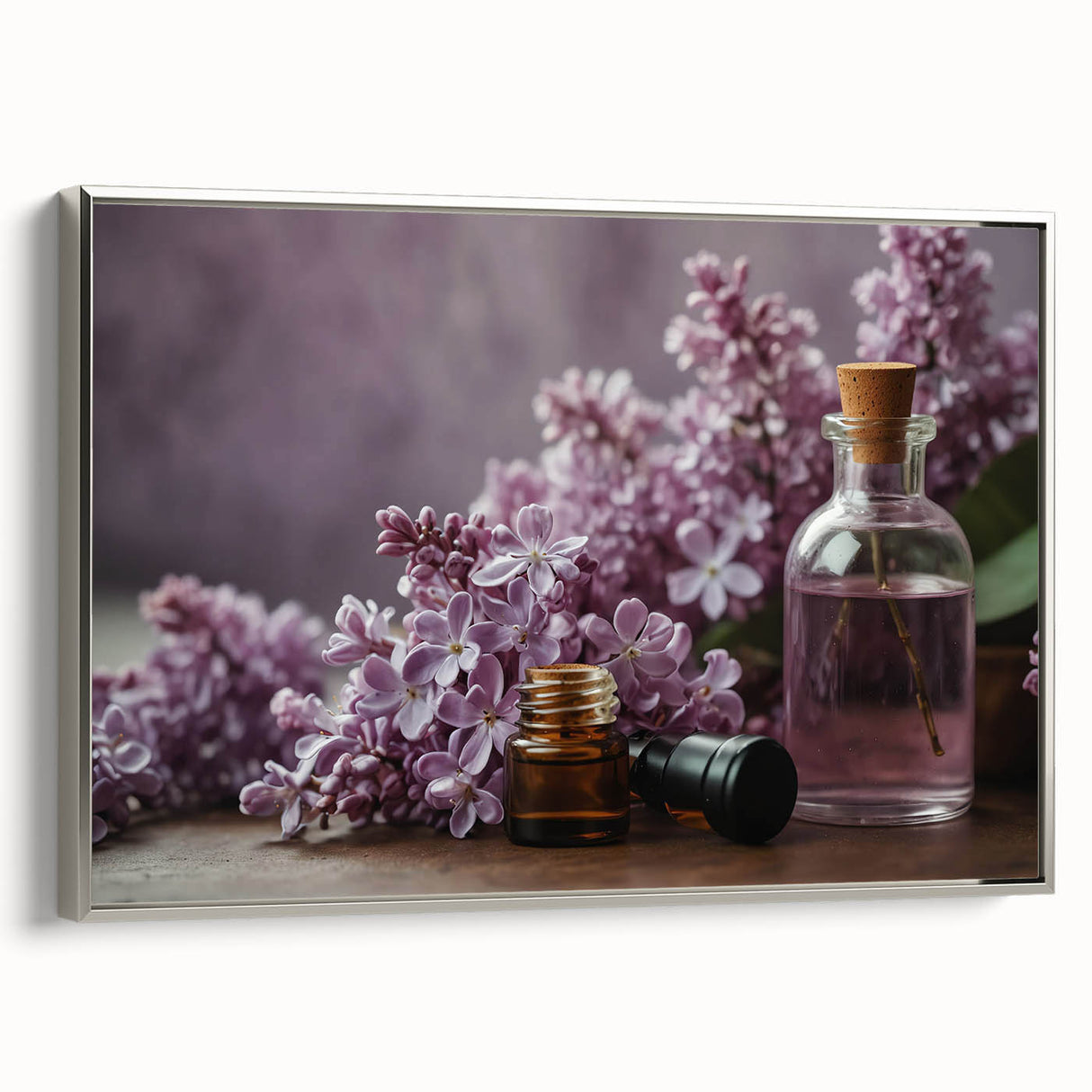 Framed wall art showcasing a botanical design of lilacs on textured canvas, featuring a silver frame, ideal for enhancing home decor with floral elegance.