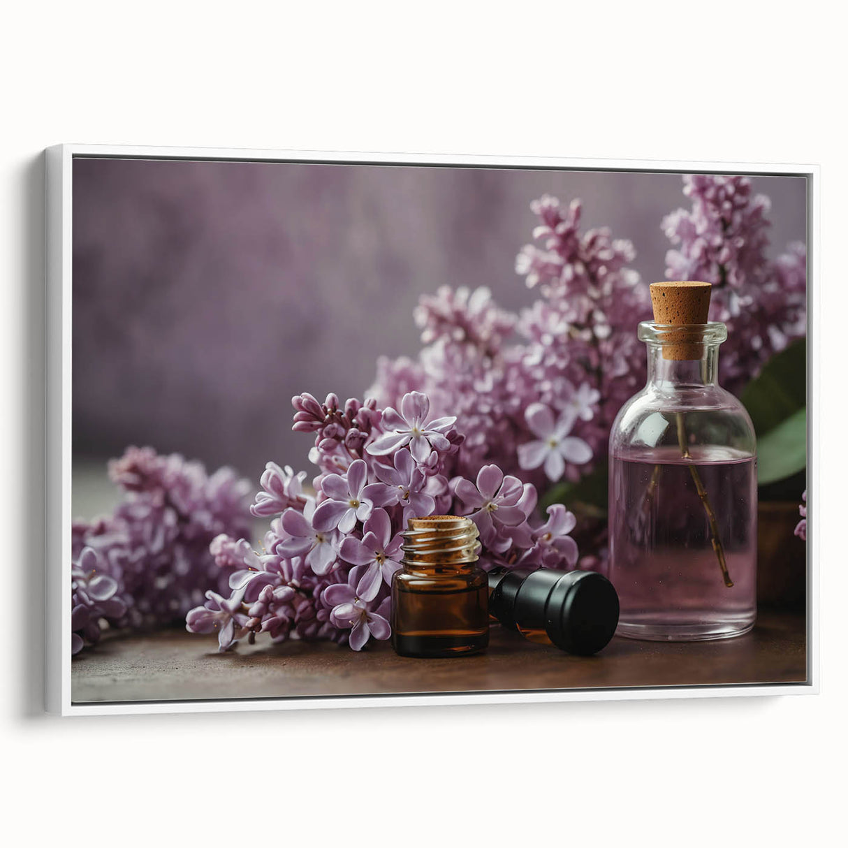 Framed canvas wall art showcasing a botanical design of lilacs, featuring vibrant purple flowers and lush green leaves, set against a white background. Perfect for enhancing modern home decor with a touch of nature.