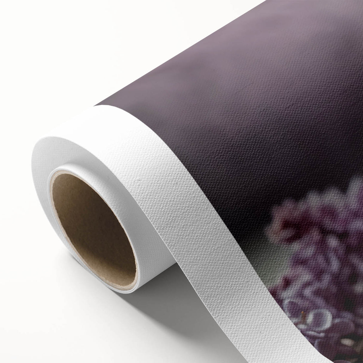 Lilac botanical wall art print on rolled canvas featuring vibrant purple and green hues, ideal for home decor or floral-themed interior design.