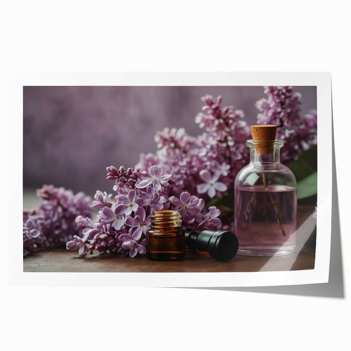 Botanical wall art print featuring vibrant lilac flowers on a soft pastel background, ideal for home decor. Perfect for enhancing living spaces with a touch of nature.